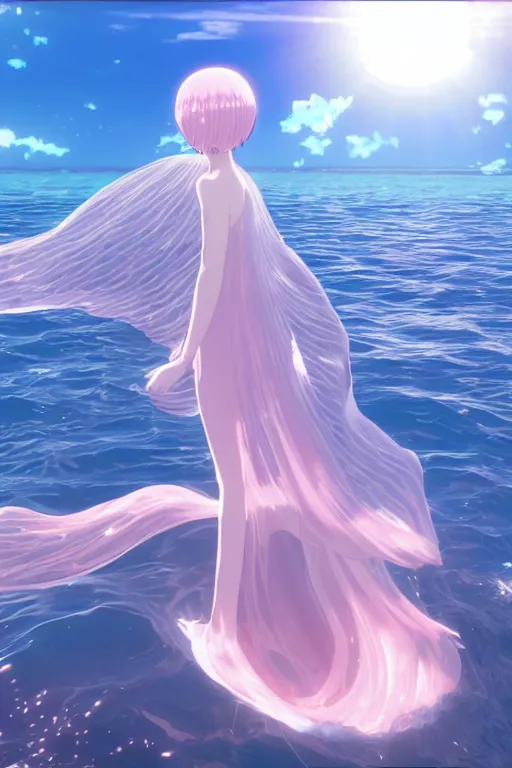 Prompt: 3D CG anime Land of the Lustrous Houseki no Kuni character Ventricosus translucent very light pink jelly woman with thick chest size and pink transparent bouffont dress frills standing at the bottom of the ocean near the surface, sun rays shine through the water, beautiful composition, 3D render, cel shaded, 8k, key visual, made by Haruko Ichikawa, Makoto Shinkai, studio Ghibli, Kyoto Animation
