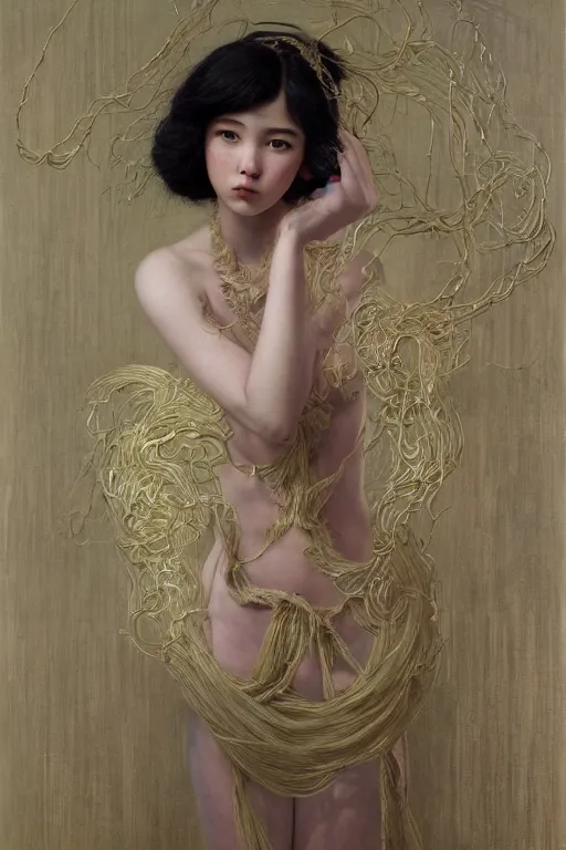 Image similar to beautiful girl posing in studio setting by frantisek kupka, intricate, miles johnston, kuroda seiki, cynical realism, ozabu, john william godward, painterly, yoshitaka amano, moebius, miles johnston, louise zhang, james jean, mark ryden