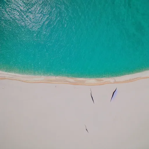 Prompt: an aerial drone photo of a busy white sands beach and clear shark-infested, deep blue waters, fine art photography, trending on Instagram, water caustics