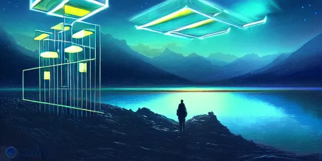 Image similar to beautiful multiple glowing cubes all interconnected to each other with tubes, atmospheric lighting, intricate, volumetric lighting, beautiful, sharp focus, ultra detailed, in the art style of bowater charlie, brom gerald, lake baikal in the background, astrophotography