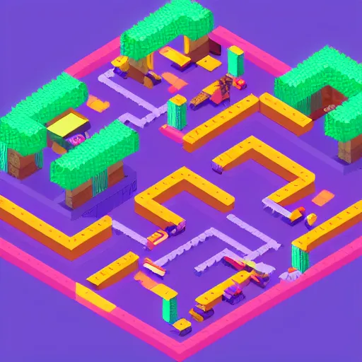 Prompt: pixelart illustration of an isometric purple city
