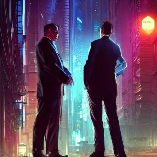 Image similar to two cyberpunk businessmen, detailed digital illustration by greg rutkowski, cyberpunk back alley, nighttime, colorful lighting, android netrunner