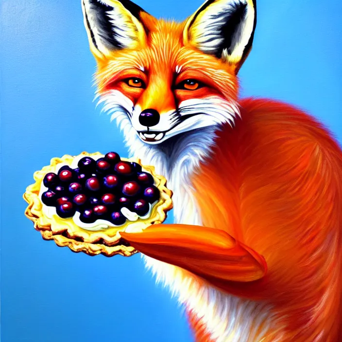 Image similar to a painting of a photorealistic anthropomorphic male red fox in a nice suit eating a slice of blueberry pie, oil on canvas, soft lighting, vivid colors