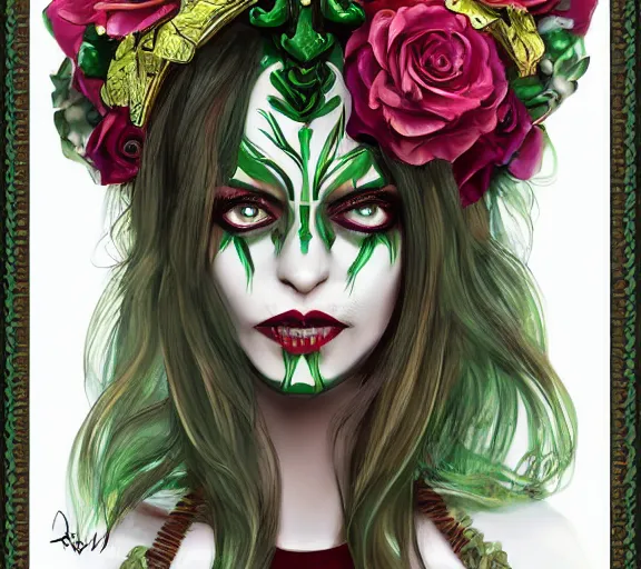 Image similar to beautiful female character inspired by st patricks day parade and floral headdress vampire bounty hunter | | digital artwork made by greg rutswork, anna dittmann and lois van barlee, symmetrical rim light, anatomically correct