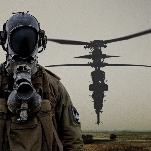 Image similar to american officer in gas mask and cap stands near a military attack helicopter, intricate, defined, grim environment, artwork