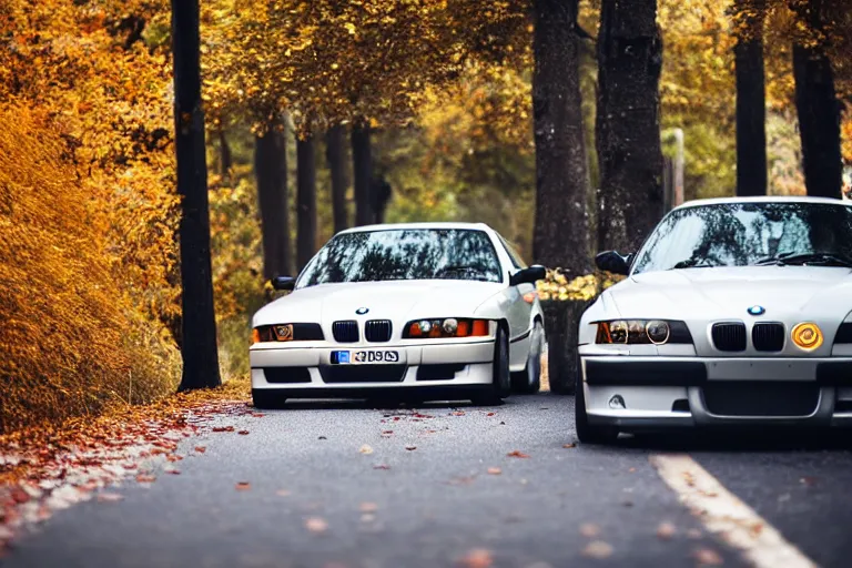 Image similar to A BMW e36 parked in a road with trees, autumn season, Epic photography, taken with a Canon DSLR camera, 150 mm, depth of field