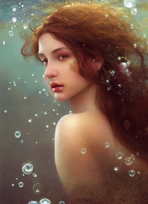 Image similar to hyper realist matte digital painting of a young beautiful woman, beautiful face, jugendstill, floating in water, bubbles rising, seaweed, headspace, fairytale, fantasy art, photo realistic, dynamic lighting, artstation, volumetric lighting, by mucha, by charlie bowater, by karol bak, by alma tadema
