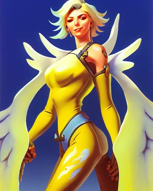 Image similar to mercy from overwatch, radiant light, caustics, by boris vallejo