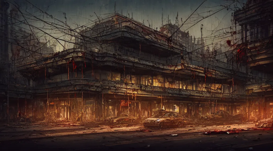 Image similar to post apocalyptic city fair building, dusk, building, avenue, americana architecture, by pascal blanche, neil blevins, apocalyptic color palette, trending on artstation, photorealistic, wilderness ambiance, ultra detailed, high definition, depth of field, bokeh, rubble, nature overgrowth, blood stains, building crumbling