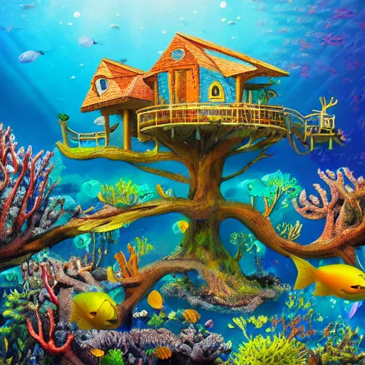 Prompt: fabulous treehouse mansion made of coral in underwater reef landscape with sunshine rays coming from above and fish swimming in the ocean, detailed magical realism painting 4 k,