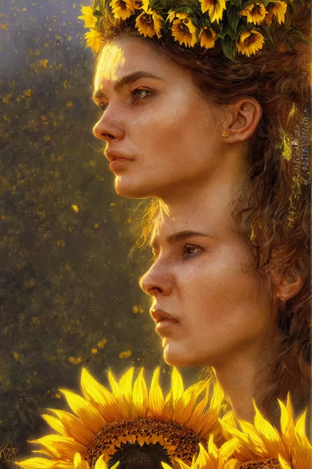 Image similar to close face portrait of a female ukraine soldier with a sunflower in her hair, summer season, moody scene, highly detailed, intricate, sharp details, summer vibe, gorgeous scene by gaston bussiere, craig mullins, somber lighting, drawn by giacomo burattini, inspired by graphic novel cover art, hyperrealistic, 8 k by rhads