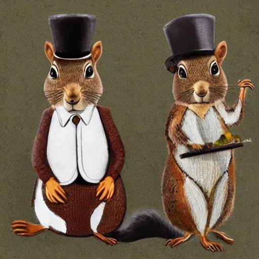 Image similar to an environmental portrait of squirrels dressed as Sherlock Holmes and Watson