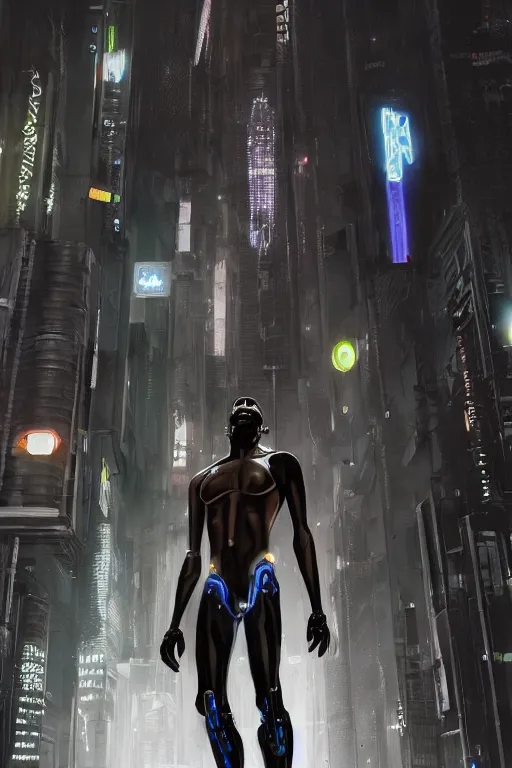 Image similar to black male cyborg body modifications hd james paick low perspective! cyberpunk city neon rain