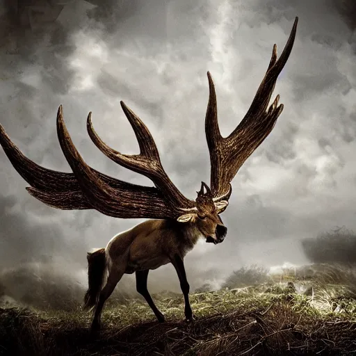 Prompt: seraph, bathed in light, antlers wide as oceans, scoffing, and without remorse, bringing about the end times