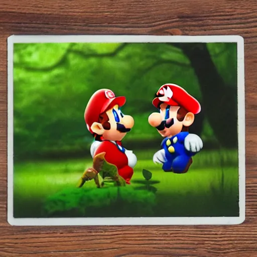 Image similar to mario and luigi eating mushrooms in the forest in a photorealistic style, photo captured on polaroid