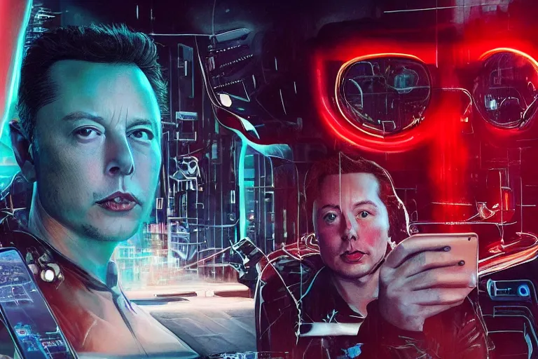 Prompt: hyperrealism aesthetic ridley scott and denis villeneuve style photography of a detailed hyperrealism elon musk, siting on a detailed cyberpunk toilet and scrolling his smartphone in hyperrealism scene from detailed art house movie in style of alejandro jodorowsky and wes anderson