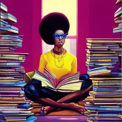 Prompt: symmetry!!! a young black girl with colorful afro puffs and glasses, sits cross legged on top of a tall pile of books!! in a vast and endless library. a beautiful painting by artgerm and greg rutkowski and justin bua in a surreal portrait style. psychedelic, beautiful detailed face. synthwave color scheme