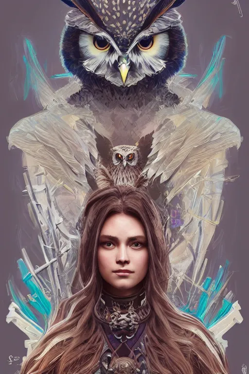 Image similar to symmetry!! portrait of woman with owl features in the style of horizon zero dawn, machine face, intricate, elegant, highly detailed, digital painting, artstation, concept art, smooth, sharp focus, illustration, art by artgerm and greg rutkowski and alphonse mucha, 8 k