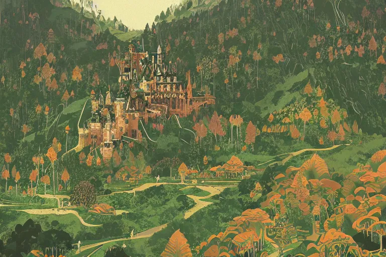 Prompt: painting of a fantasy castle, highly detailed, on lush green hills with a forest in the background, digital illustration, by Victo Ngai, by Diego Gisbert Llorens