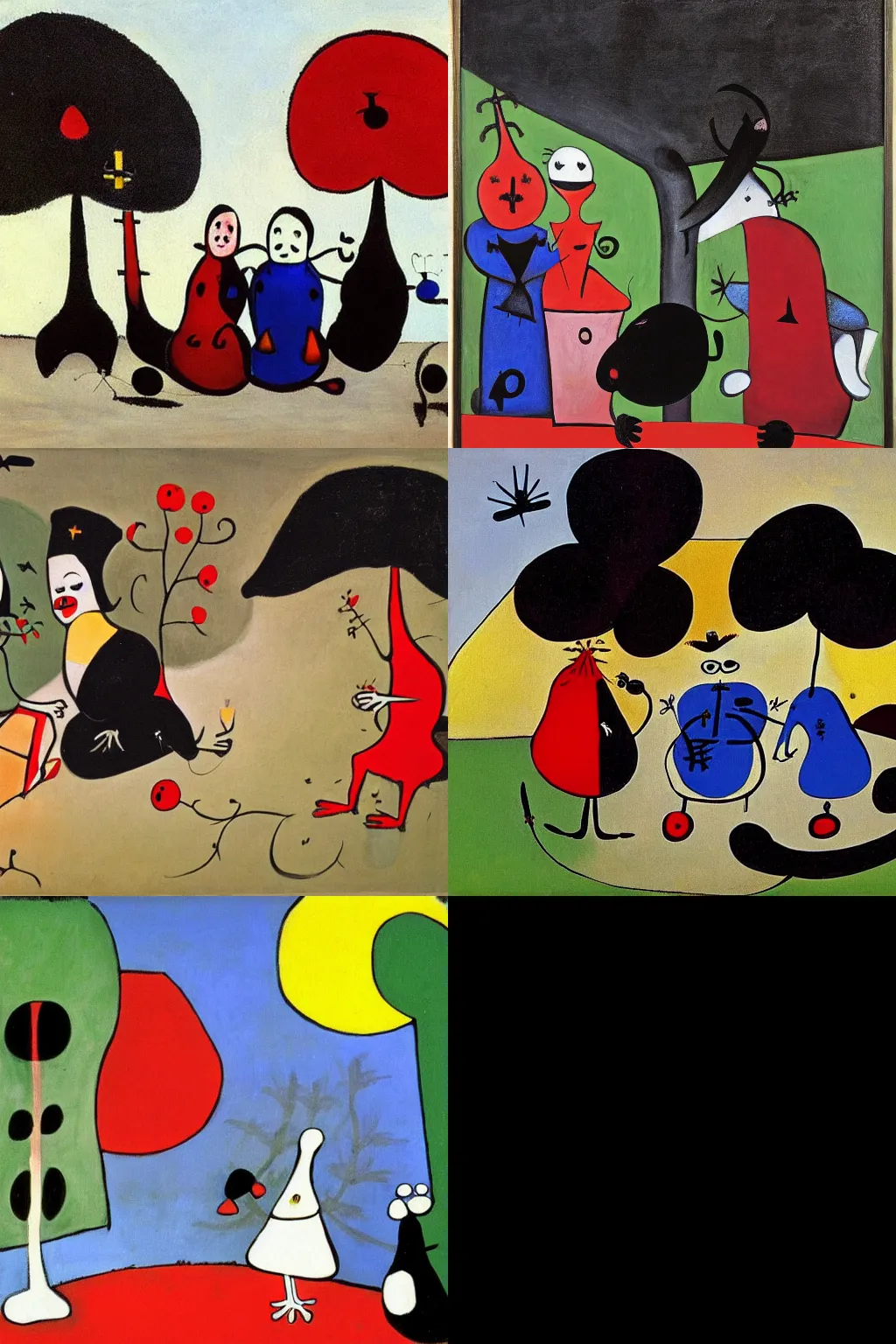 Prompt: an hd painting by joan miro. three goths loitering in the shade, talking beneath a cherry tree outside a blockbuster video store.