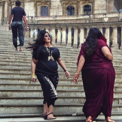 Prompt: an obese Indian woman and Jodie Marsh on steps in Porto, greg rutkowski