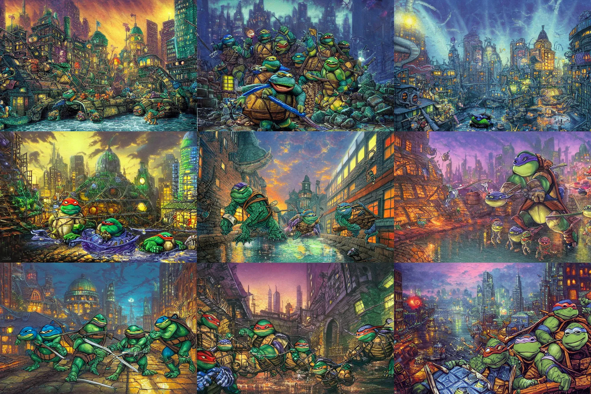 Prompt: The Ninja Turtles lair in the sewers under the city, painting by Thomas Kinkade