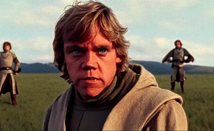 Image similar to screenshot portrait of Luke Skywalker on a windy field, with new jedi army behind him, iconic scene from 1980s film by Stanley Kubrick, last jedi, 4k HD, cinematic lighting, beautiful portrait of Mark Hammill, moody scene, stunning cinematography, anamorphic lenses, kodak color film stock