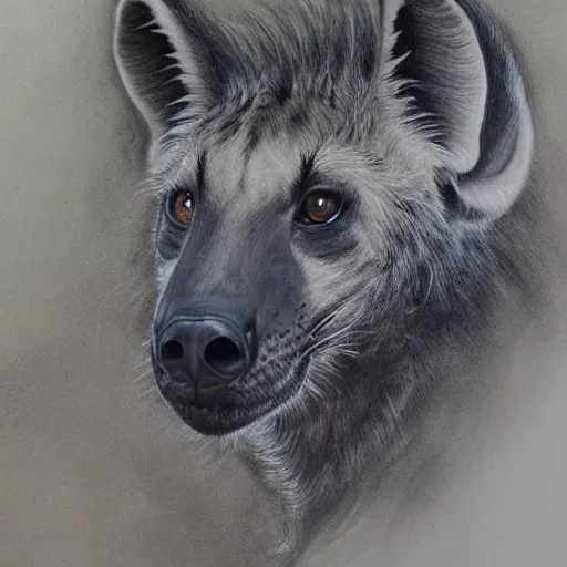 Image similar to highly detailed charcoal painting of a devilish hyena in the woods