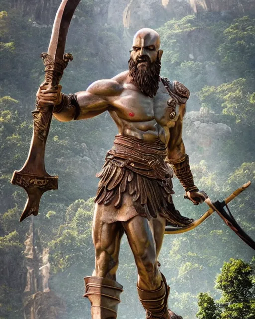 Image similar to a gigantic 1 0 0 0 foot bronze statue of a kratos holding his spear and shield, god of war, fantasy landscape, thousands of tiny onlookers, photorealistic, atmospheric