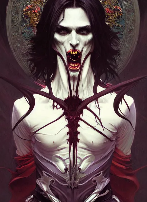 Prompt: hyper detailed ultra sharp painting of a vampire count male. trending on artstation, warpaint aesthetic, darkwave, gothic, eerie, ornate, intricate, digital painting, concept art, smooth, sharp focus, illustration, art by artgerm and james jean, gilleard james and alphonse mucha, 8 k