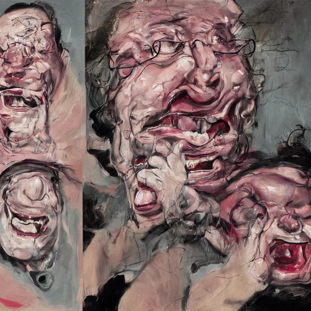 Image similar to oil painting by francis bacon and jenny saville portrait of todd solondz laughing, extremely bizarre disturbing, intense chiaroscuro lighting perfect composition masterpiece intense emotion