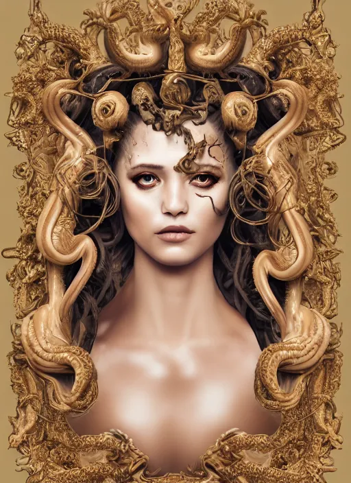 Image similar to a portrait of medusa, goddess by candy makeup, photorealistic, intricate details, hyper realistic, fantasy, elegant, baroque, horn, ram skull headpiece, photorealistic, photography, symmetrical features, symmetrical pose, wide angle shot, feet on the ground, wearable art, unreal engine