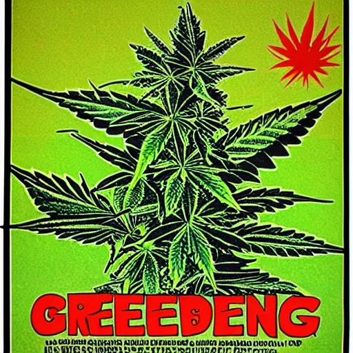 Image similar to psychedelic poster nineteen sixties cannabis giant green ganja plant nugs buds hemp leaf pot leaf cannabis marijuana