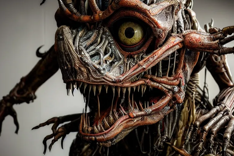 Image similar to photo taken of an epic intricate, ultra detailed, super realistic gritty, hero prop, exquisitely weathered animatronic movie prop of a lifelike sculpture of a nightmarish hellish alien creature displayed in the workshop, created by weta workshop, full body shot, photorealistic, sharp focus