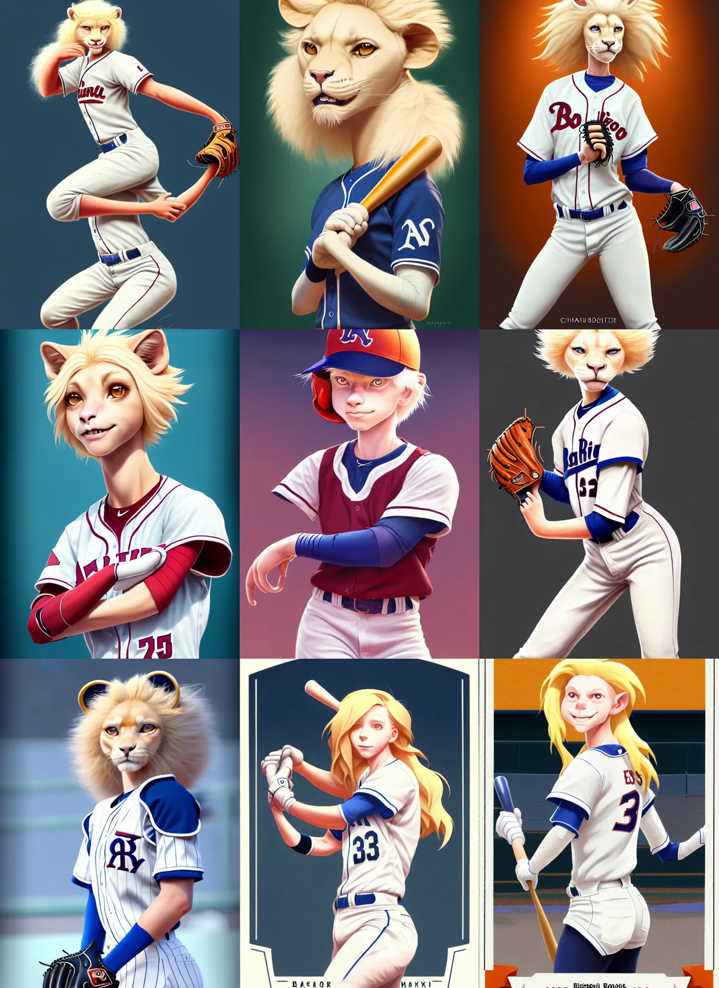 Prompt: beautiful baseball card portrait of a female anthropomorphic albino lioness fursona baseball player at a baseball game. character design by disney, charlie bowater, ross tran, artgerm, and makoto shinkai, detailed, soft lighting, rendered in octane