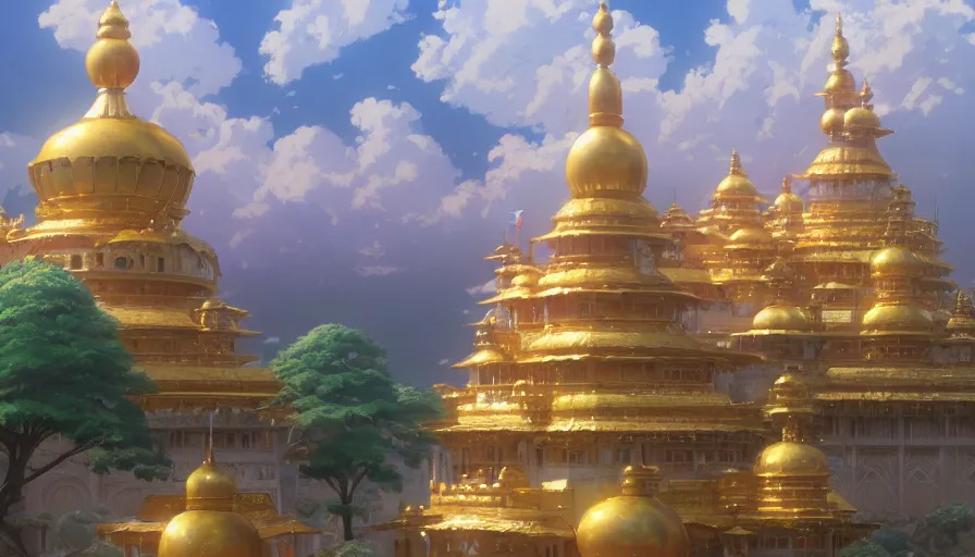 Image similar to A highly detailed matte painting of a golden palace, by Studio Ghibli, Makoto Shinkai, by Artgerm, by beeple, by Greg Rutkowski, volumetric lighting, octane render, 4K resolution, trending on artstation, masterpiece