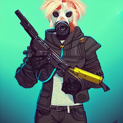 Image similar to a portrait of an anthropomorphic cyberpunk blond terrier! holding a shotgun, fantasy, elegant, digital painting, artstation, concept art, matte, sharp focus, illustration, art by josan gonzalez