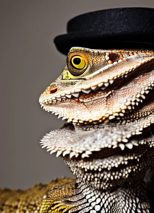 Image similar to dslr portrait still of a bearded dragon wearing a tophat, 8 k 8 5 mm f 1. 4