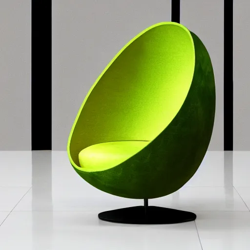 Image similar to an armchair in the shape of an avocado, flying in space