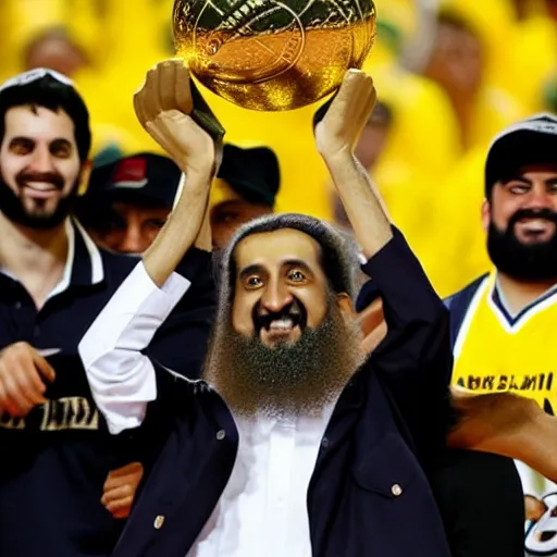 Image similar to photo of osama bin laden lifting larry o'brien trophy