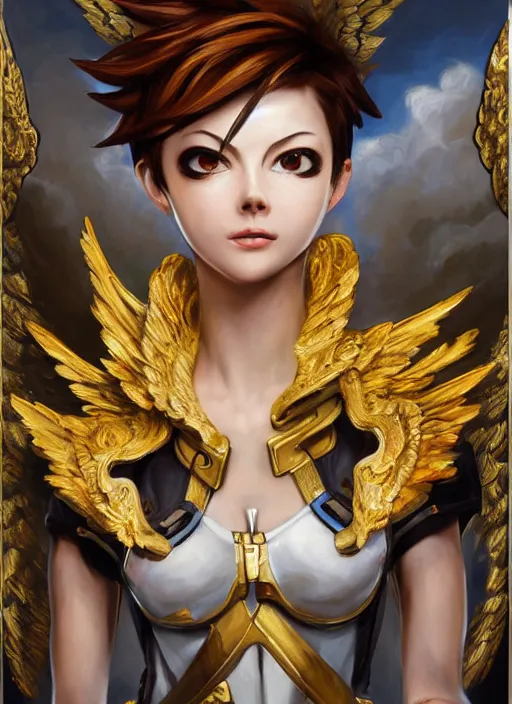 Image similar to full body oil painting of tracer overwatch in the style of sophie anderson, angel wings, angelic golden armor, dramatic painting, symmetrical composition, ornate, high detail, gold detailed collar, blooming, lights, flowers, detailed face,