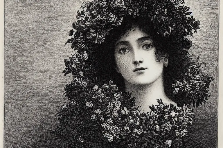 Image similar to black and white, close-up of high detailed young french woman face covered by flowers, Gustave Dore lithography