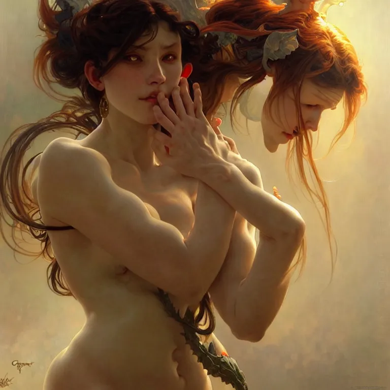 Image similar to gentle demon, painting, good against evil, highly detailed, digital painting, smooth, beautiful angle, weak demon, sharp focus, illusion, ultra - realistic, demon against angle, heaven against hell, 8 k, strong and powerful confident angle artgerm, greg rutkowski and alphonse mucha