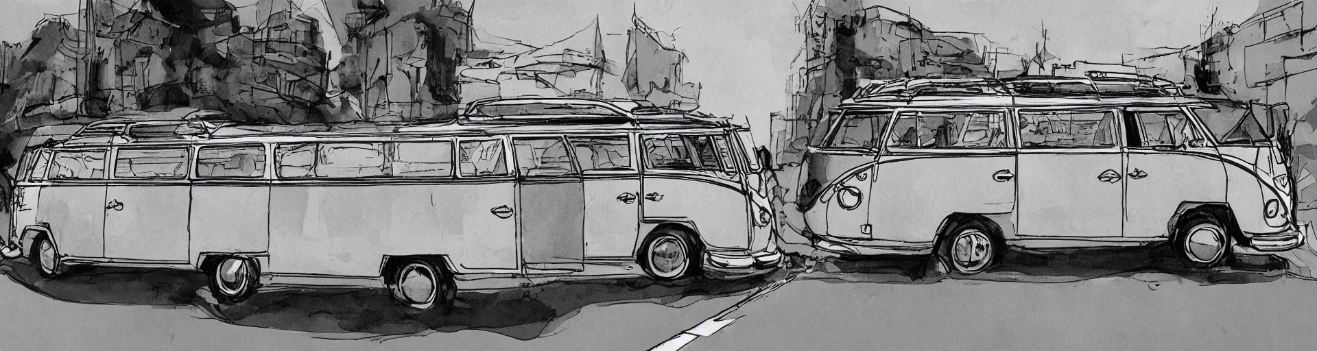Prompt: a side view vw bus on a street, illustration by ashley wood