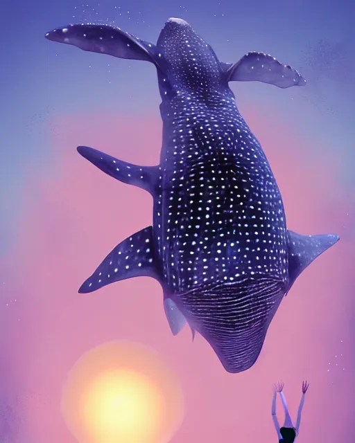 Image similar to whale shark dance with redhead girl, radiant lighting, cinematic, artstation