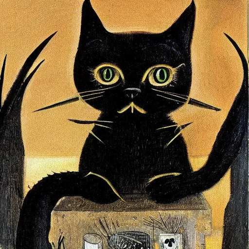 Image similar to a black cat possessed by satan, painting in the style of hieronymus bosch