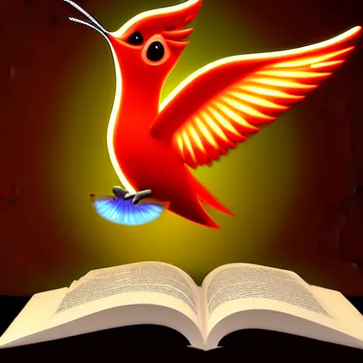 Prompt: a cute flaming mythical red hummingfirebird reading in a library #epic-3D-digital-artwork #masterpiece #movie