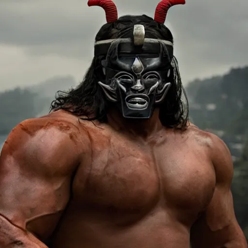 Prompt: big buff very strong very buff samurai wearing an oni mask, amazing movie still movie