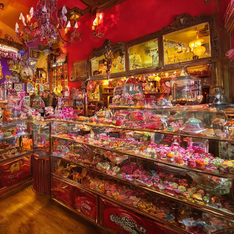 Prompt: Inside a magical old fashioned sweet shop, fantasy vendor interior, wide angle, cinematic shot, highly detailed, cinematic lighting , photo-realistic, colorful