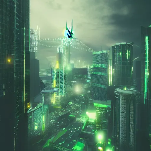 Image similar to auckland sky tower furturistic, green lighting, cyberpunk, evil, artstation, octane render